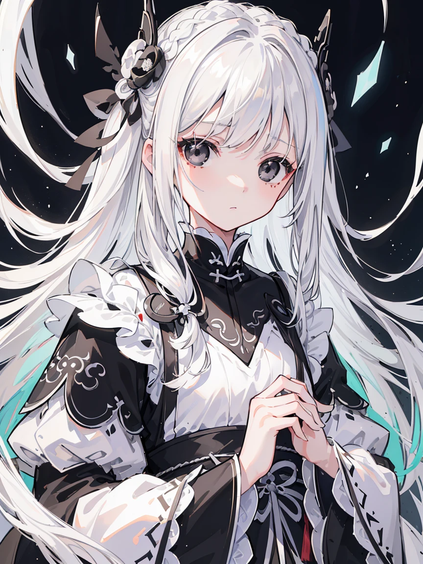 (Top image quality)、(Very detailed)、(Facing forward)、Top quality、masterpiece、(((1 girl )))、Silver Hair、White hair、((Long hair))、Weaving、(black eyes:1.6)、(White and black cheongsam)、Lots of decorations、Lots of ribbons、White Ribbon、Haggard、Fluffy loose hair