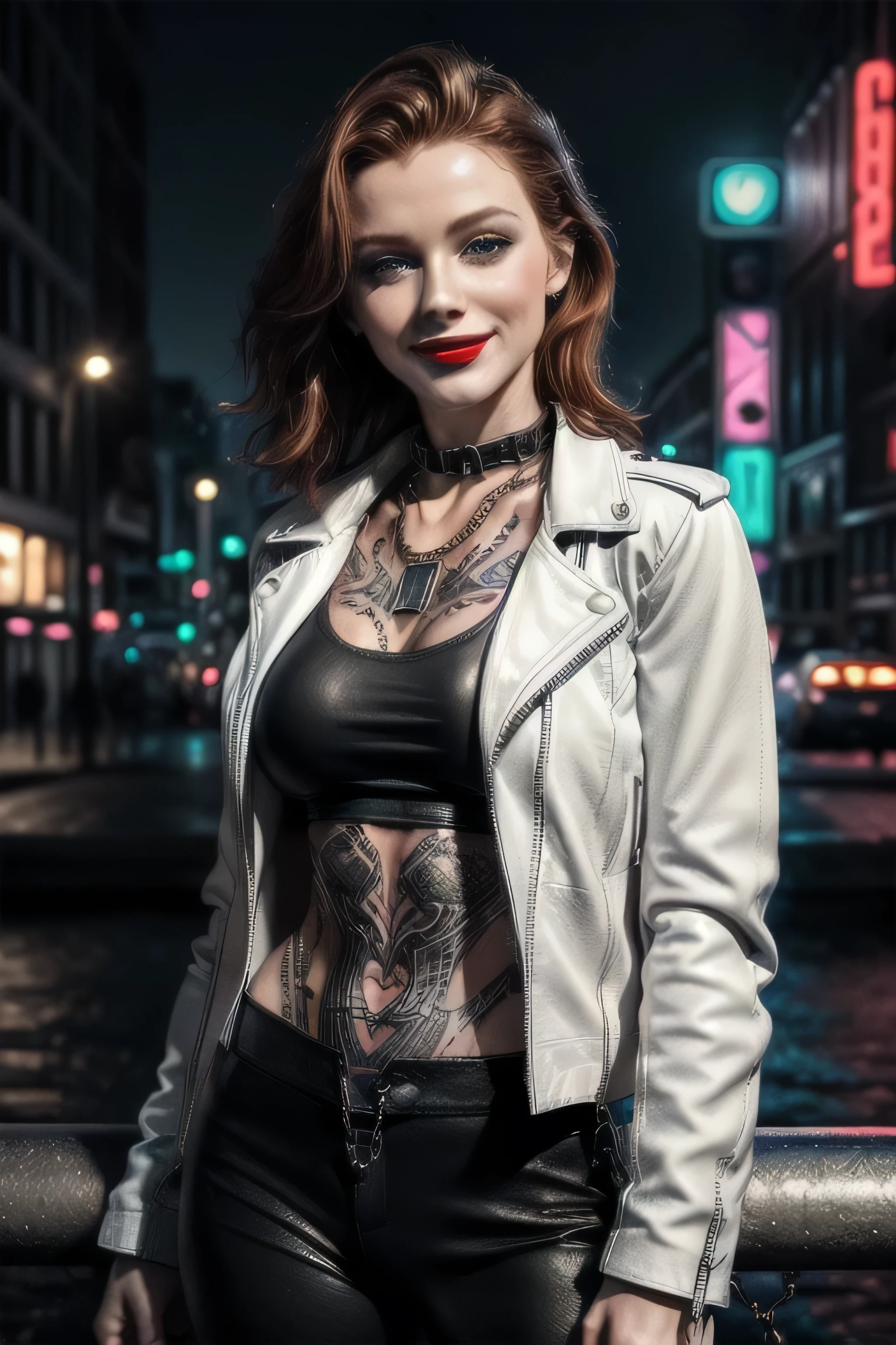 (masterpiece, photorealistic:1.2, intricate:1.1), (photon mapping, radiosity, physically based rendering, ultra resolution, hyper-realistic, photorealistic:1.4, hyper-realistic, 8K, dtx), female, 19 years old, ((([small breasts:large breasts:0.8], short [dark hair:bright ginger hair:0.7], solo, 1girl, smiling red lipstick, bodybuilder, abdominals, futuristic crowded neon cityscape))), metal reflections, outdoor, ((smirking)), makeup:1.2, green eyes, ((body tattoo: 1.2)), BREAK (((white leather jacket, collar, chains), leather pants, black t-shirt))
