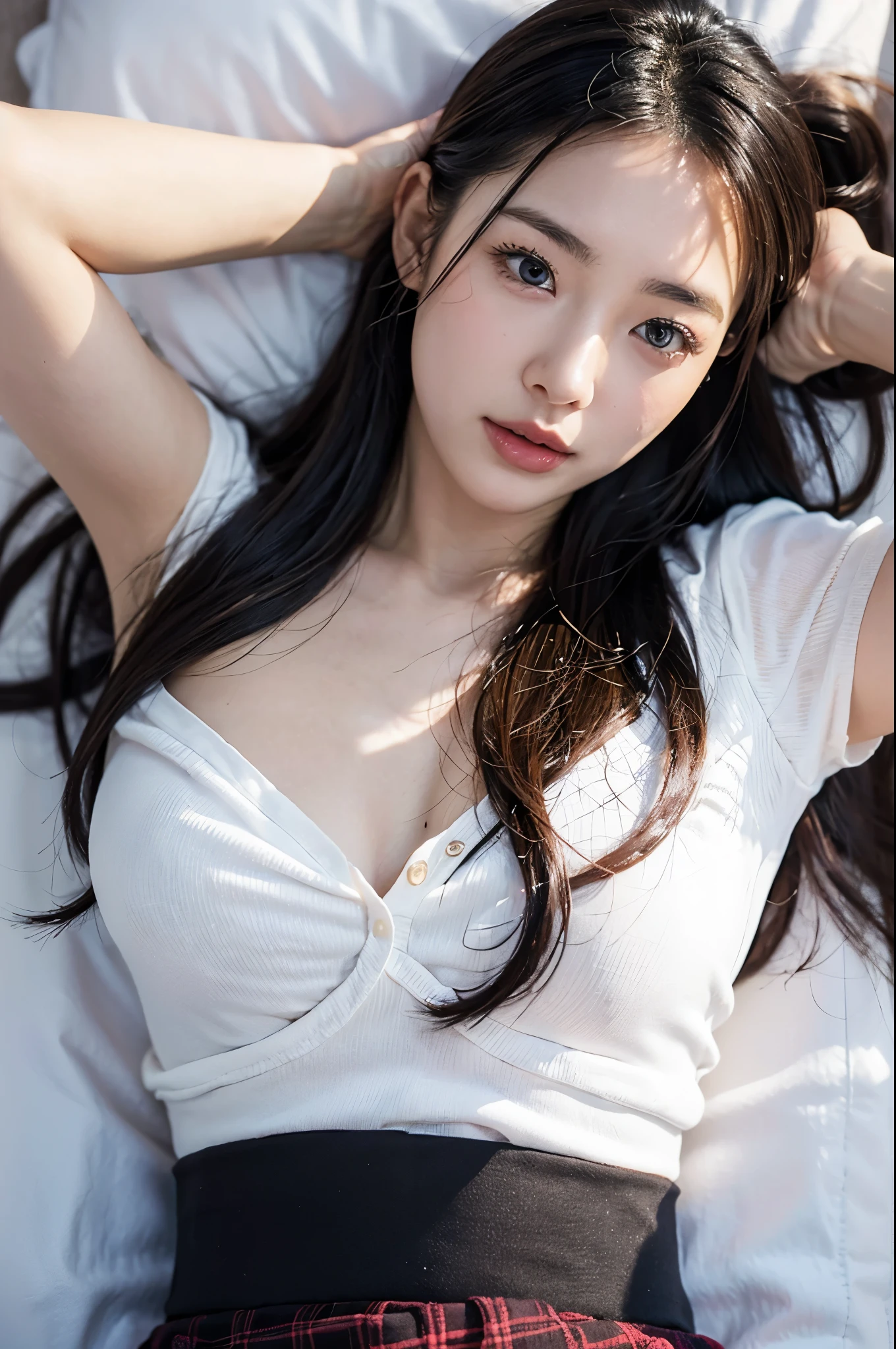 (masterpiece:1.2), very detailed, ultra high resolution, (realistic, photo realistic:1.37), High-resolution RAW color photos, professional photos, dramatic lighting, sharp focus:1.2, (very detailed顔と肌の質感, really beautiful eyes, glowing skin, glowing skin, glowing skin, luminous face, Polish, oily skin, oily face, oily skin, oily face, 強いPolish), complete anatomy, very detailed背景, 1 woman, 30 year old woman, japanese women, (medium hair, straight hair, forehead:1.3, brown hair), (lean:weight 1.0), (flat chest:1.3), ((bedroom)), (((night))), (((darkroom))), thighs, ((erotic)), ((sensual)), woman close up, warm color scheme, ((glowing skin)), (((sleep on your back))), ((lying down)), (Please raise your hand), ((high school )), (white shirt), (see through), (short sleeve), (waist skirt), (black plaid skirt), (((mini skirt))), (((shirt undressing))), (((half-naked shirt))), (split), (real glowing skin texture), (glowing skin), ((scary face)), ((unpleasant)), ((I'm on the verge of tears)), (((White skin))), Browsing Caution