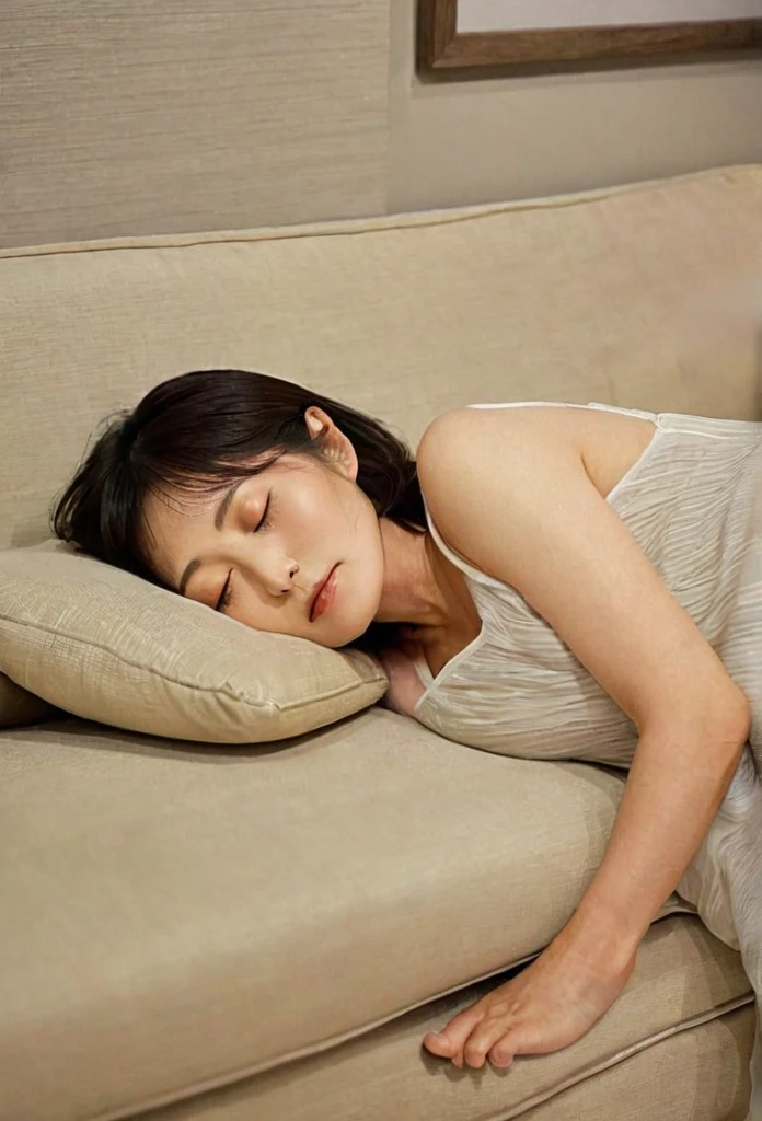 A Japanese housewife in her 40s taking a lazy nap on the sofa，Sleep with your legs spread、Thin, See-through camisole、Shortcuts，Flat Chest、Full body image、Shot from the leg