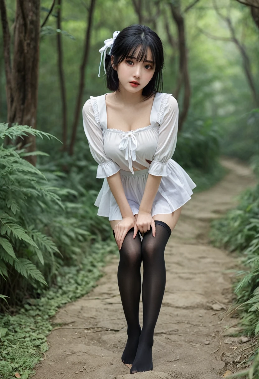 Black Pantyhose、8k, RAW Photos, Highest quality, masterpiece:1.2), masterpiece, Highest quality, shape, Very detailed, The finer details, High resolution, 8k,wallpaper, Perfect dynamic composition,(High quality with attention to detail, Realistic depiction of eyes:1.3)、Hands tied、A woman being tied up、Put your arms around your back、Squatting with legs apart on a forest path、Spread your knees、White panties are visible、Look forward、21talent、beauty、Well-formed face、Even out the eyes、Beautiful black hair、Bangedium Build、Balanced proportions、Beautiful feet、Short sleeve blouse、Long skirt、Sad face、Beautiful views、