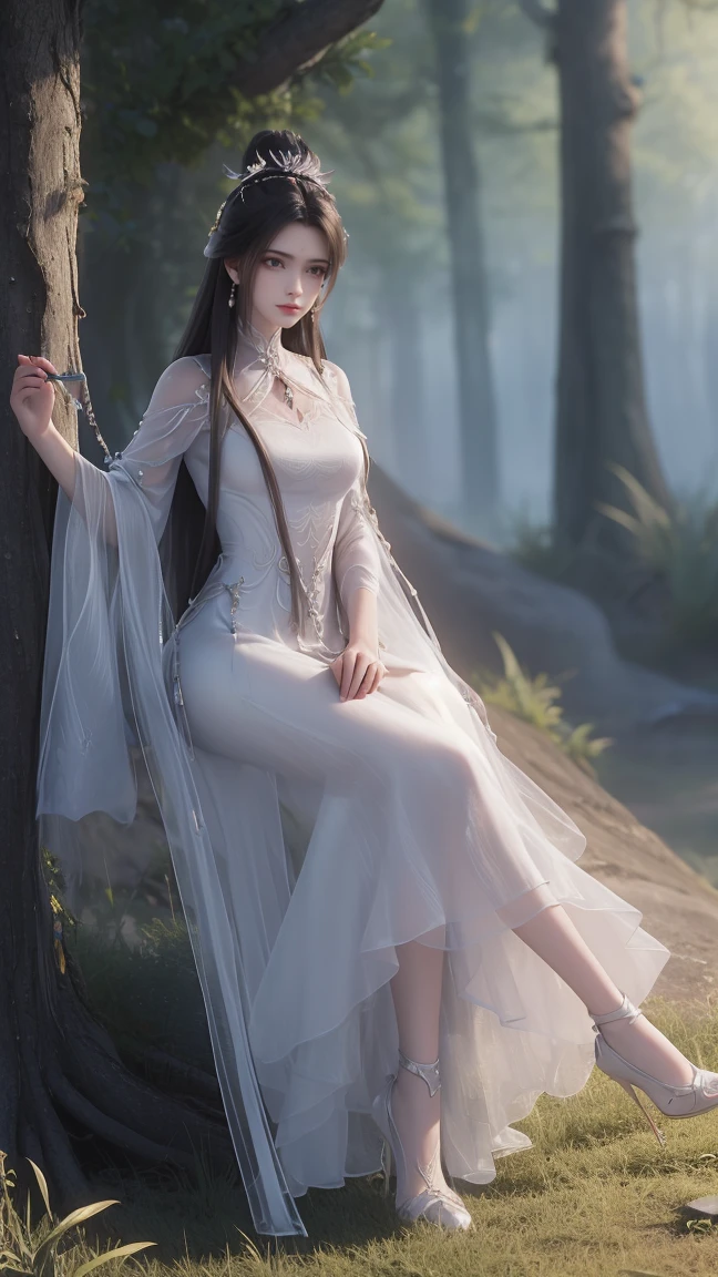 SFW,(masterpiece:1.2),best quality,masterpiece,highres,original,extremely detailed wallpaper,perfect lighting,(extremely detailed CG:1.2),1girl,solo,long hair,jade sword,looking at viewer,(high heels),black hair,hair ornament,(white dress:1.5),jewelry,closed mouth,(full body:1.5),earrings,in summer,bamboo forest,nature,day,flower sea,expressionless,chinese clothes,forehead mark,(lighting:1.5),