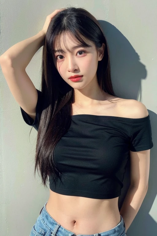 (masterpiece:1.3), (8k, Realistic, RAW Photos, Best image quality: 1.4), Mid-chest、(Highly detailed face)、Eye for detail、Attention to detail、double eyelid、((Sharp focus:1.2))、One pretty woman:1.4、25 year old woman、Standing posture、((Black Hair))、Ultra-high resolution、super high quality、Symmetrical face、Photo level、The face is very realistic、Detailed skin、Extremely realistic skin、Realistic light and shadow effects、Professional Lighting、Off-the-shoulder T-shirt、Belly button、((Angle from waist up))、((outside、Town))