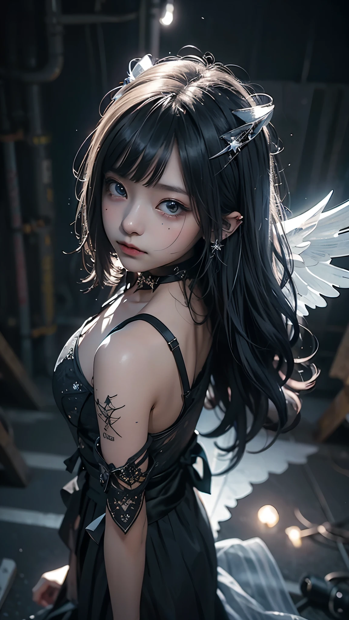 RAW Photos, Realistic, Ultra-realistic, RAW Photos, Realistic, celestial 16-year-old angel girl, large transparent glowing blue glass wings, spreading wide, simple dress, floating in the night sky, beautiful stars and moon, bright blue city lights below, looking up, viewed from above, all elements glowing blue, world-class illustration, award-winning, fantasy illustration, vivid hues, detailed and soft lighting, Highest quality, masterpiece, Ultra-high resolution, 8K, Highest quality, masterpiece, Ultra-high resolution, 8K