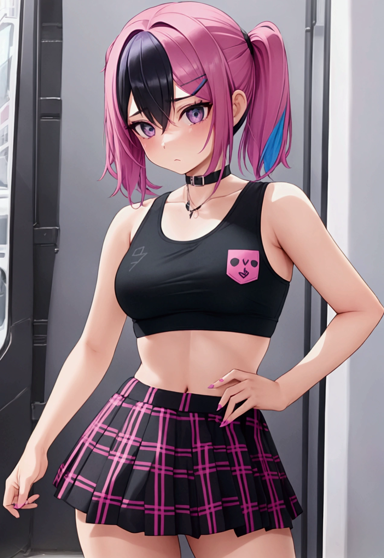 Girl with pink black and blue hair wearing a black sports bra and a super tiny flannel pattern skirt 