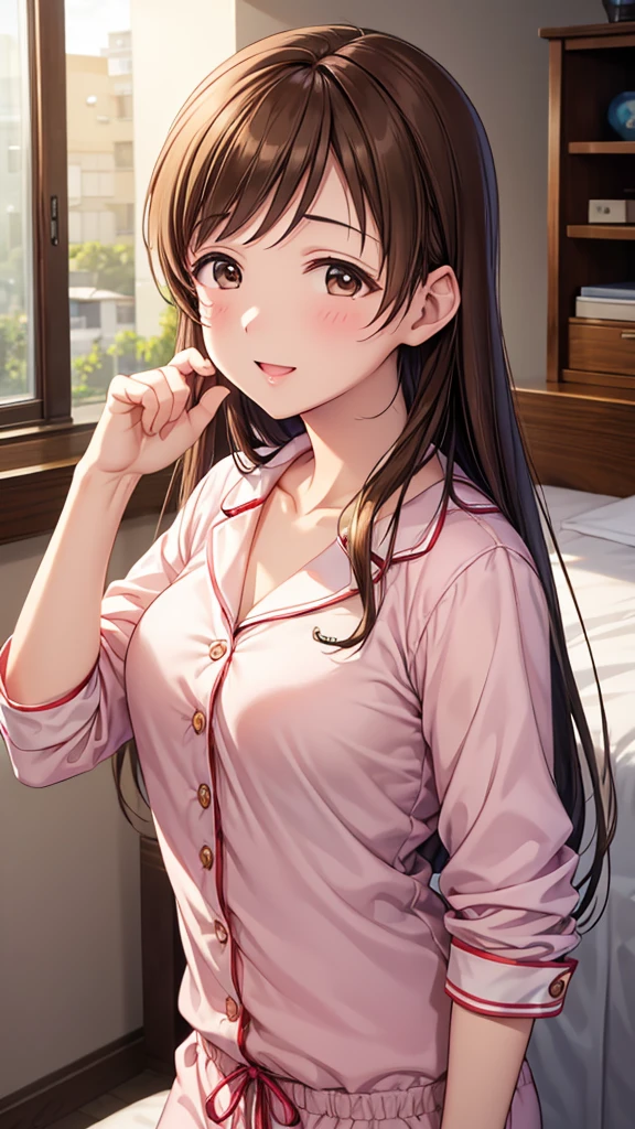 Highest quality、high resolution、High definition、HD、sports gym、(Nitta Minami、Long Hair、Medium chest、Brown Hair、Brown eyes、Glossy lips、Glowing Skin、Realistic skin texture、Cute pajamas、Bedroom at night)、Staring at me、Love me、blush、Laughing with your mouth open)、(Depiction of only the upper body、Very close to me)