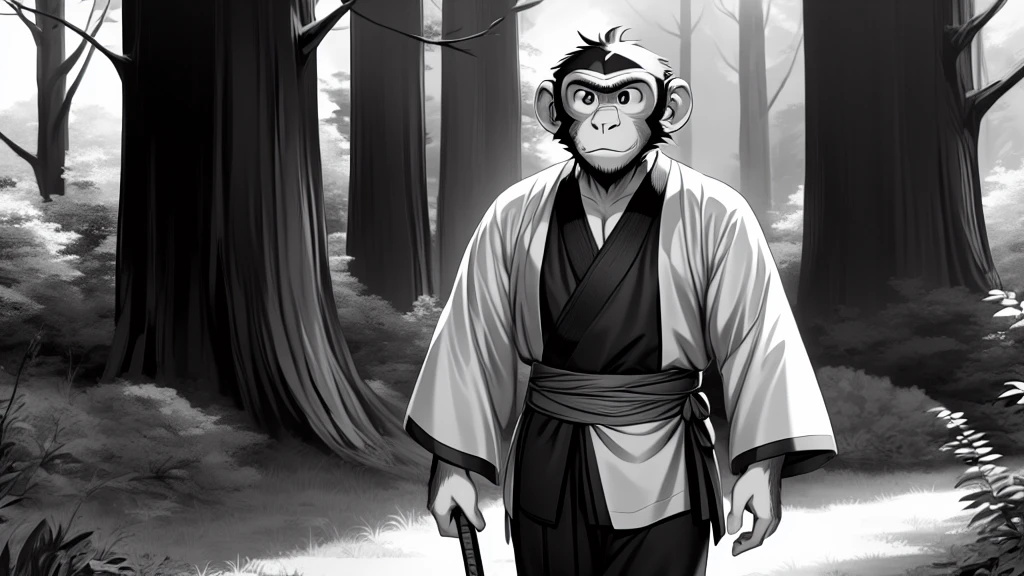 ((Masterpiece, high quality, best graphics, high definition, high definition, 4k)), old photo, vintage photo, 1 Monkey boy, (Solo), (((monkey ears, monkey tail))), ((upper body)), Wooden Katana in right hand, old samurai suit, old samurai pants, (ribbon on waist), wooden sandals, looking away, standing, (((monochrome, grayscale, pencil style, old movie style, noise, VHS movie, anime style))), (forest background, trees, tree shadow, grass, (((Saru to kani no Gassen anime 1917 style))).