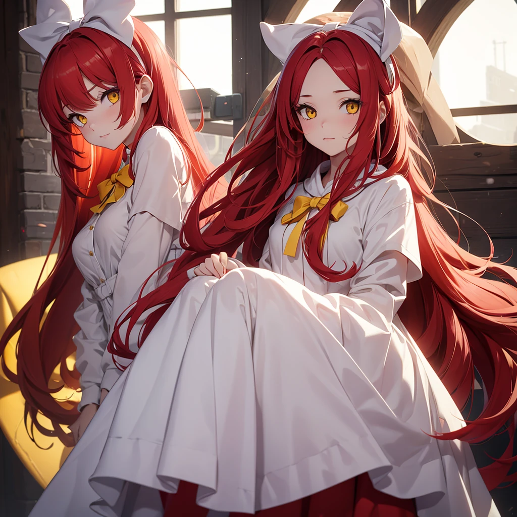 Make a girl with long red hair, yellow eyes, wearing a big white bow on her head, with clothes that cover the entire body in white, cozinhando
