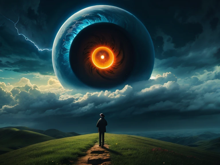 landscape、storm、typhoon、A giant eyeball in the center of the vortex、Flowing Clouds、Boy standing on top of a hill looking up、Surreal、Zdzisław Beksiński