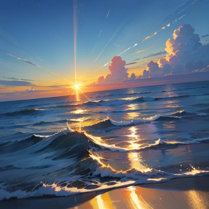 sun high in the sky, world made of ocean, infinite ocean, sun reflection in the sea, beautiful enviroment, sea