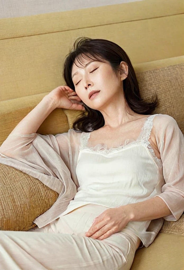 A Japanese housewife in her 40s taking a lazy nap on the sofa,Sleep with your legs spread、Thin, See-through camisole、Shortcuts,Flat Chest、Full body image、Shot from the leg