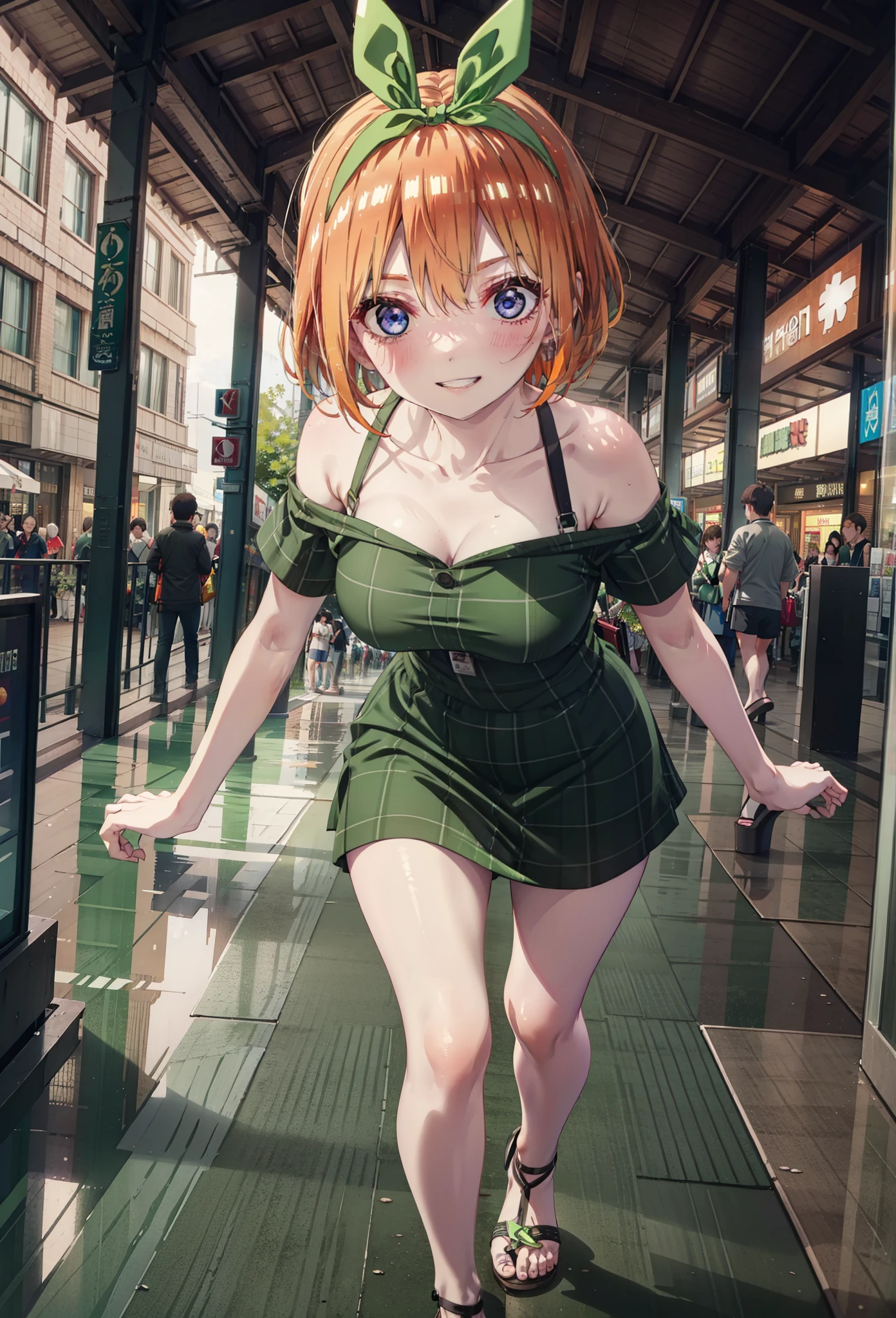 Yotsubanakano, Fourth floor Nakano, bangs, short hair, blue eyes, Hair between the eyes, hair ribbon, hair band, Orange Hair, (Green ribbon:1.5), smile, Grin,Cold Shoulder Shirt,Short sleeve,mini skirt,Heeled Sandals,Walking,True Summer,Clear skies,Palm tree,whole bodyがイラストに入るように,
break outdoors, tropical,Tropical,Shopping Street,Shopping mall,
break looking at viewer,whole body,
break (masterpiece:1.2), Highest quality, High resolution, unity 8k wallpaper, (figure:0.8), (Beautiful attention to detail:1.6), Highly detailed face, Perfect lighting, Highly detailed CG, (Perfect hands, Perfect Anatomy),