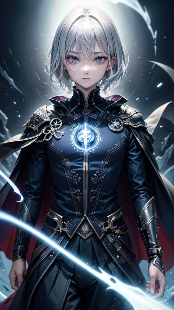 (Highest quality,Very detailed,High resolution:1.2),One adult male,Silver Hair,The most beautiful young man in human history,(1 photo from the front)、Dark blue eyes (Dark blue eyes:1.1),さみし気なaura(aura:1.1),(mysterious,Ghostly:1.1) atmosphere,Looks like half a demon,(Demonic traits,Demonic traits),(Elaborate,wonderful) ,Strong body、Shortcuts、Use magic、auraが漂う、Cape、Powerful、Confident expression、Bright sky、Earth、Are standing、Very Short Hair