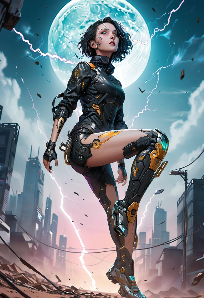 Graphic novel detailed line illustration, pov, super low angle looking up, On the broken land, cyberpunk style girl knees on the ground , running starting pose, looking into the camera, both hands on the ground, one hand close to the camera, hand focus, mecha, machinery, lightning on the ground ready to strike,super huge moon，line illustration, cyberpunk color palette