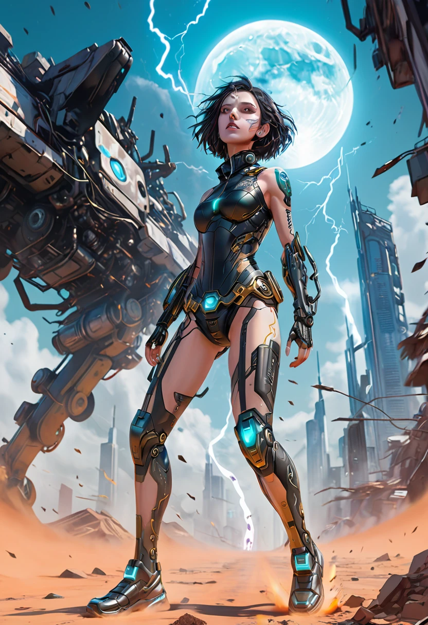 Graphic novel detailed line illustration, pov, super low angle looking up, On the broken land, cyberpunk style girl knees on the ground , running starting pose, looking into the camera, both hands on the ground, one hand close to the camera, hand focus, mecha, machinery, lightning on the ground ready to strike,super huge moon,line illustration, cyberpunk color palette