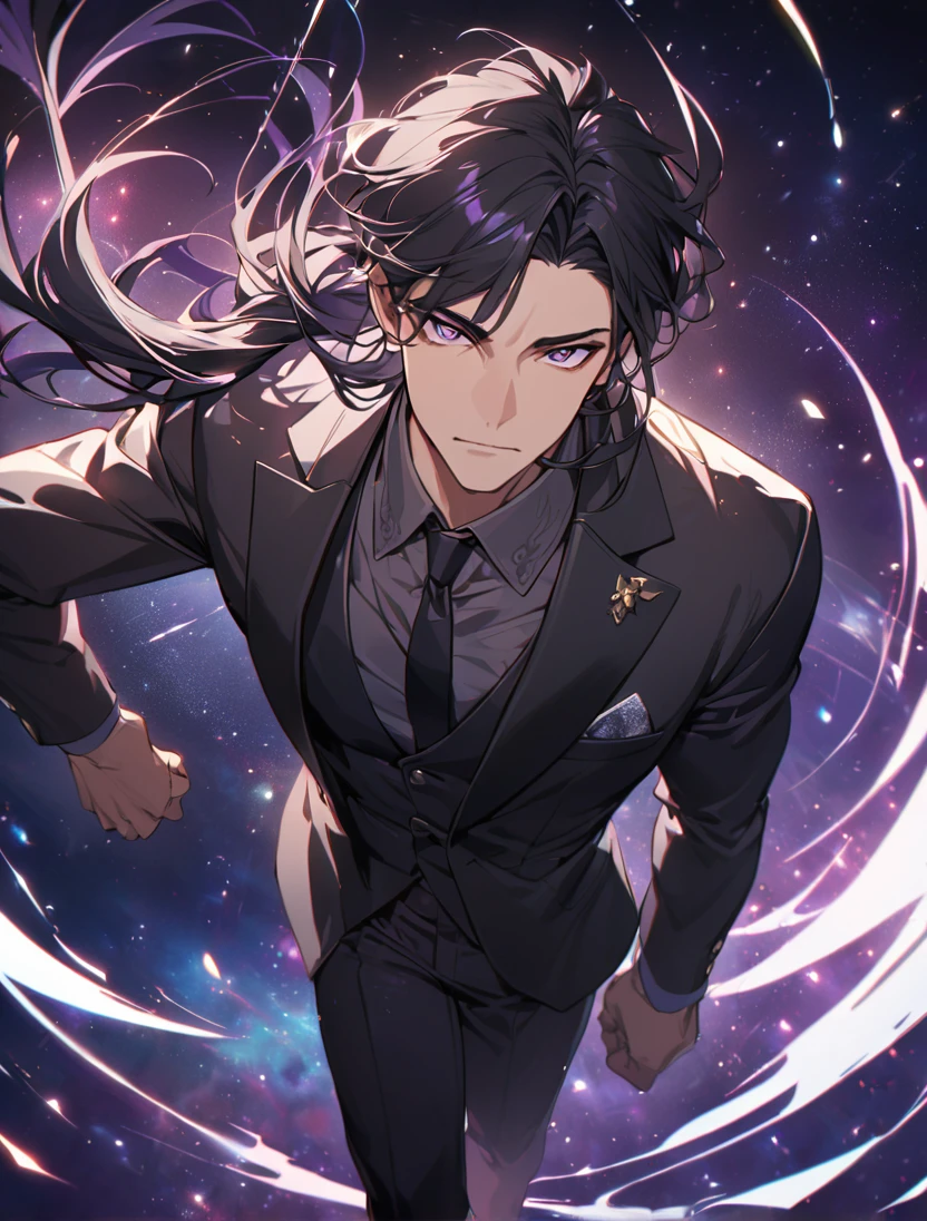 (black_hair), (long_male_hair), (deep_purple_eyes), (high_detailed_eyes), (attractive), (Deep_space_background), (male), (wears_black_suit), (long_male_hair), (detailed_Hair), (detailed), (detailed_mouth), (vertical_slit_pupils), (westerner)