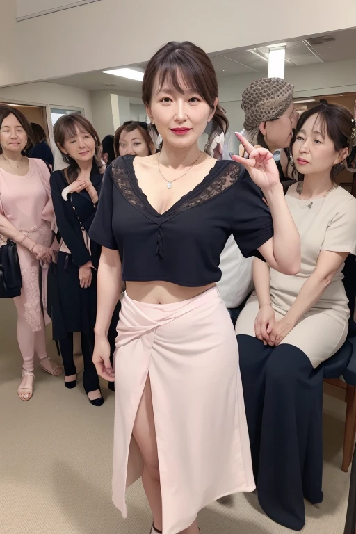 Mature 55 year old beautiful Japanese woman, Married women, Delicate features, Long eyelashes, Sparkling eyes, Pink Cheeks, Low Ponytail, Red lipstick, elegant, Pearl Necklace, Summer clothes, See-through shirt that shows your bra, Slit Skirt, photo shoot, Strike a Pose