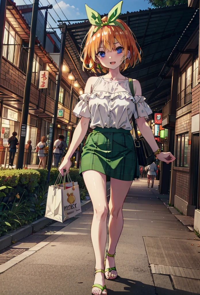 Yotsubanakano, Fourth floor Nakano, bangs, short hair, blue eyes, Hair between the eyes, hair ribbon, hair band, Orange Hair, (Green ribbon:1.5), smile, Open your mouth,blush,Cold Shoulder Shirt,Short sleeve,mini skirt,Heeled Sandals,Walking,True Summer,Clear skies,Palm tree,whole bodyがイラストに入るように,
break outdoors, tropical,Tropical,Shopping Street,Shopping mall,
break looking at viewer,whole body, 
break (masterpiece:1.2), Highest quality, High resolution, unity 8k wallpaper, (figure:0.8), (Beautiful attention to detail:1.6), Highly detailed face, Perfect lighting, Highly detailed CG, (Perfect hands, Perfect Anatomy),