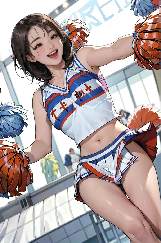 8K RAW Photos、Beauty:2.0、24-years-old、Japanese、cute、Cleavage、((Cheerleader:1.5))、mini skirt、Beautifully drawn eyes in every detail、eyelash、((Brown eyes:1.2))、Beautiful double eyelids、eye shadow、Perfect Eye Makeup、((Laughter:1.6))、美しくThin legs、(Chestnut Hair)、Medium Hair、Fluffy hair、Stadium、Daytime、Latina、Photorealistic:1.9、Sexy belly button、Thin legs、Thin eyebrows、Tear bags、High nose、((Very sexual))
