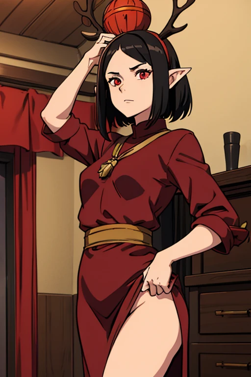 Girl with long pointed ears, short black hair, duendecillo haircut, Red eyes, antlers on the head. She is a thief who has been carrying da Vinci&#39;s monalisa trying to hide.