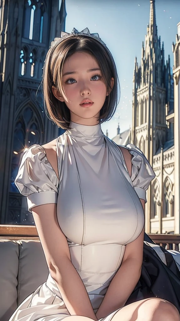 (Moonshot), best quality, masterpiece, Let her sit, 1 girl, laughter, Cute agers, Glossy lips, Sweet, Blinding sunlight, Conservative clothing, High neck wedding dress, Bridal headdress, Depth of writing boundaries, Blurred background, With the cathedral as a backdrop, Light Particles, gale, Head tilt, Long hair, , (((15-yort Bob, Large Breasts)))