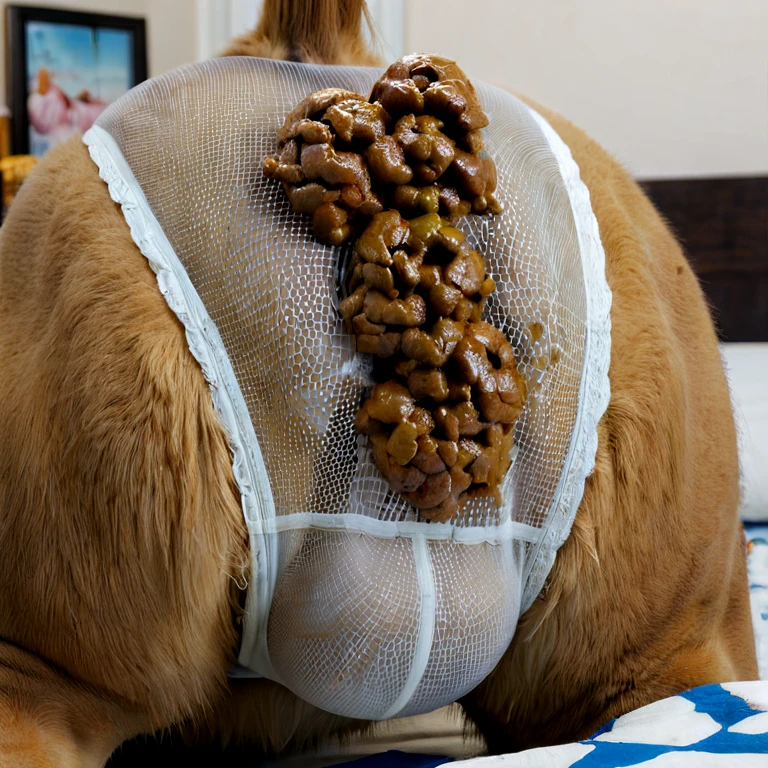 (((solo))),  ((((((feral lion, wearing panties, lion tail, raised tail, leaning on bed)))))), (((((panties lion shaped indent, see through, horse hindquarters under panties, huge puffy anal bulge, butt focus, bedroom, feces stain on the side of panties bulge, dirty pantie, wet panties, see through white panties))))), wide hips, legs wide spread, wide shot, close-up, Wide-Angle, masterpiece, high details, high quality, best quality, highres, HD