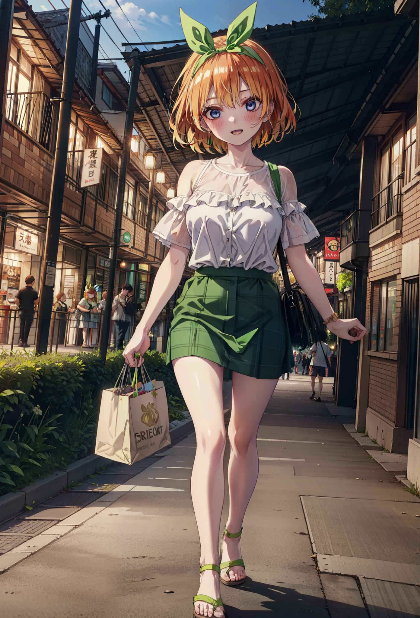 Yotsubanakano, Fourth floor Nakano, bangs, short hair, blue eyes, Hair between the eyes, hair ribbon, hair band, Orange Hair, (Green ribbon:1.5), smile, Open your mouth,blush,Cold Shoulder Shirt,Short sleeve,mini skirt,Heeled Sandals,Walking,True Summer,Clear skies,Palm tree,whole bodyがイラストに入るように,
break outdoors, tropical,Tropical,Shopping Street,Shopping mall,
break looking at viewer,whole body, 
break (masterpiece:1.2), Highest quality, High resolution, unity 8k wallpaper, (figure:0.8), (Beautiful attention to detail:1.6), Highly detailed face, Perfect lighting, Highly detailed CG, (Perfect hands, Perfect Anatomy),