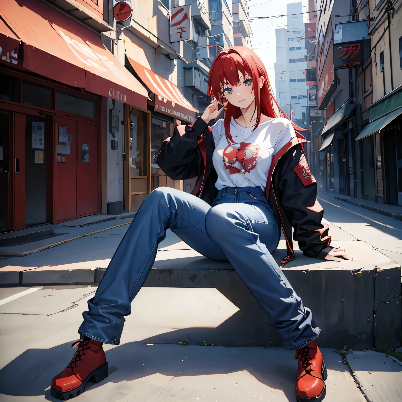 anime girl with long red hair, ((sitting)), blue eyes, ((detailed eyes)), (full body picture)), anime style 4 k, best anime 4k konachan wallpaper, ((wearing baggy jeans)), ((wearing loose Jeans)) wearing red ankle boots, wearing a blank white tee shirt, wearing a black jacket, digital anime art, badass anime 8 k, e - girl, e-girl, anime girl with red hair, anime art wallpaper 8 k, urban background