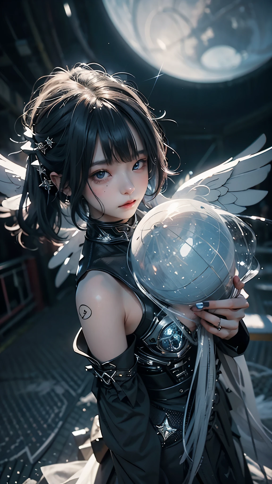 RAW Photos, Realistic, Ultra-realistic, RAW Photos, Realistic, celestial 16-year-old angel girl, large transparent glowing blue glass wings, spreading wide, simple dress, floating in the night sky, beautiful stars and moon, bright blue city lights below, looking up, viewed from above, all elements glowing blue, world-class illustration, award-winning, fantasy illustration, vivid hues, detailed and soft lighting, Highest quality, masterpiece, Ultra-high resolution, 8K, Highest quality, masterpiece, Ultra-high resolution, 8K