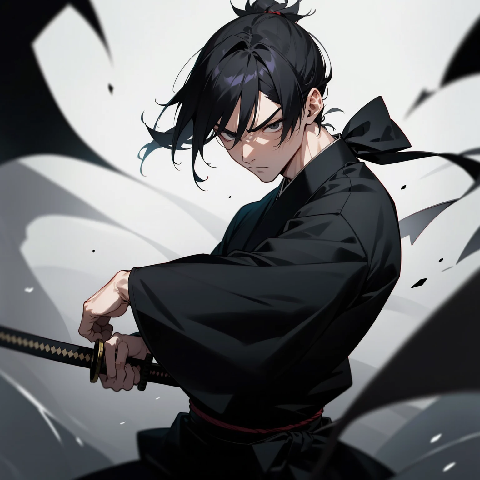 HOMEM MASCULINO, black short ponytail hair, black eyes, black kimono, black katana, serious expression, battle pose, slightly muscular body