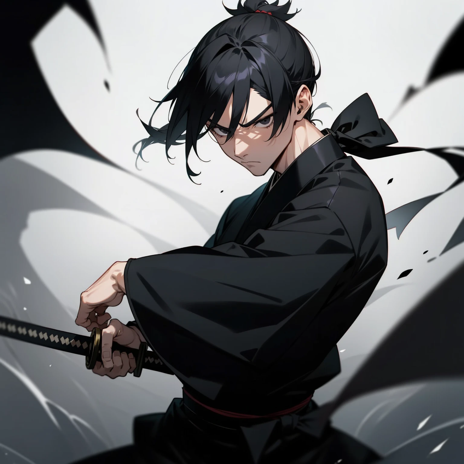 HOMEM MASCULINO, black short ponytail hair, black eyes, black kimono, black katana, serious expression, battle pose, slightly muscular body