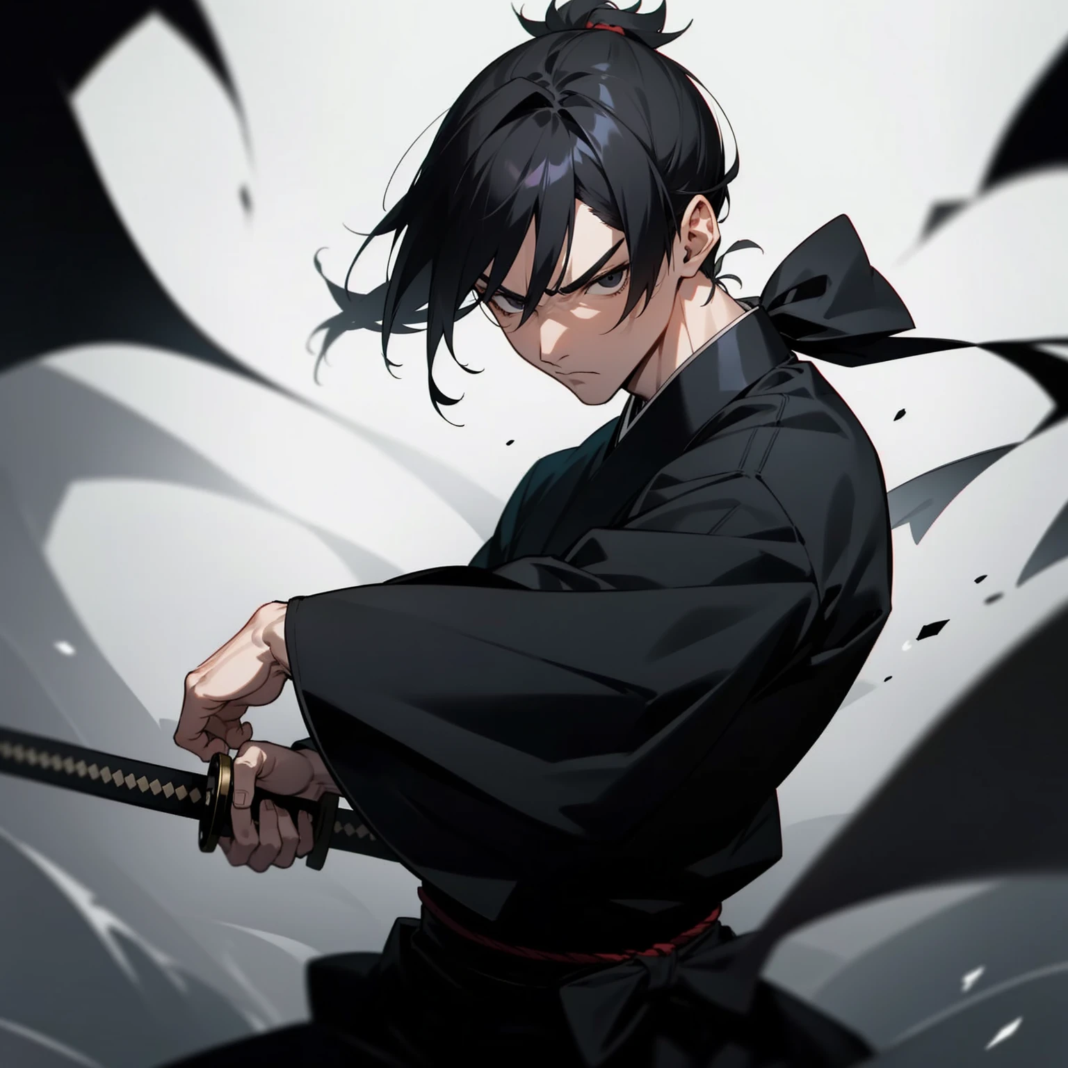 HOMEM MASCULINO, black short ponytail hair, black eyes, black kimono, black katana, serious expression, battle pose, slightly muscular body