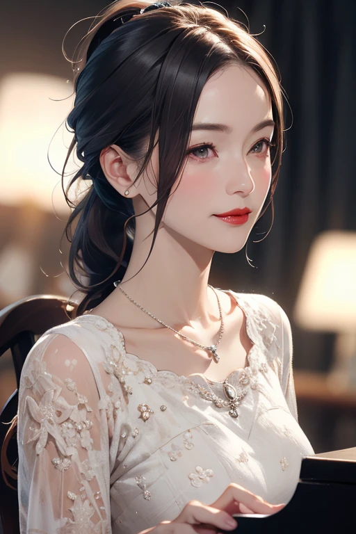 a mature 55 year old beautiful japanese woman, married woman, delicate features, long eyelashes, sparkling eyes, low ponytail, red lipstick, elegant, gorgeous appearance, pearl necklace, beautiful dress, gracefully playing piano, (best quality,4k,8k,highres,masterpiece:1.2),ultra-detailed,realistic,photorealistic,photo-realistic:1.37,HDR,UHD,studio lighting,ultra-fine painting,sharp focus,physically-based rendering,extreme detail description,professional,vivid colors,bokeh,portrait