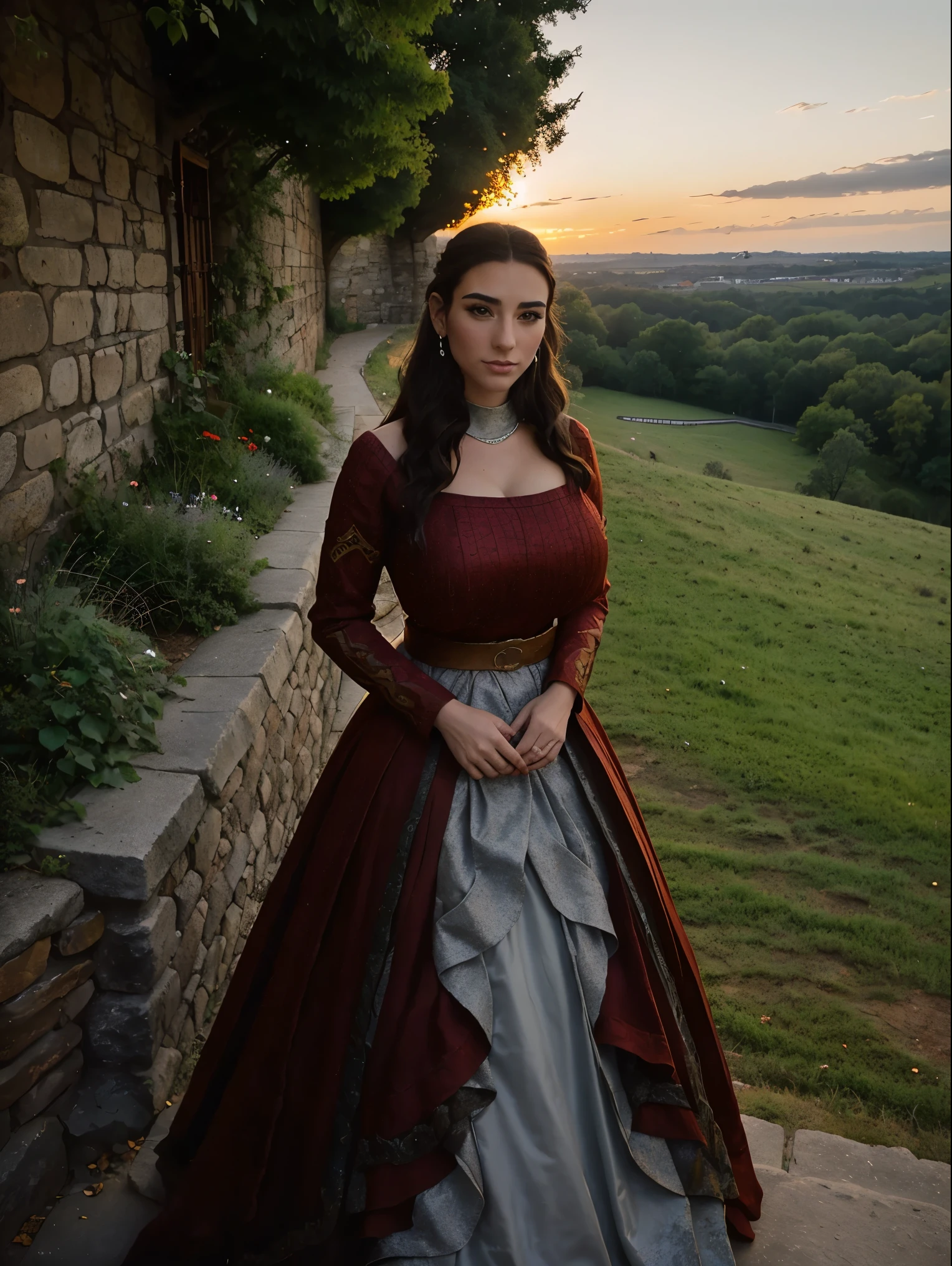 Gorgeous and sultry busty athletic (thin) brunette queen with sharp facial features wearing a modest updo, dark red medieval dress, long sleeves, intricate patterns, scrollwork, wide neck, crown, veil, long dress, modest dress, tight bodice, silver belt, (waist chain), medieval jewelry, Middle Ages, castle, rampart, wall, exterior, on top of a castle wall, trees, countryside, evening, sunset.