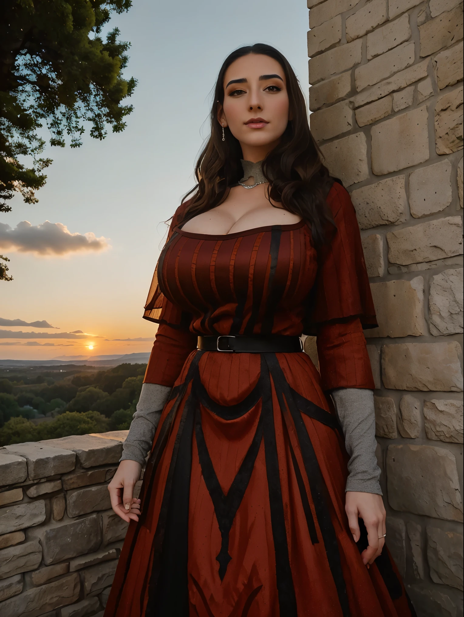 Gorgeous and sultry busty athletic (thin) brunette queen with sharp facial features wearing a modest updo, dark red medieval dress, long sleeves, intricate patterns, scrollwork, wide neck, crown, veil, long dress, modest dress, tight bodice, silver belt, (waist chain), medieval jewelry, Middle Ages, castle, rampart, wall, exterior, on top of a castle wall, trees, countryside, evening, sunset.