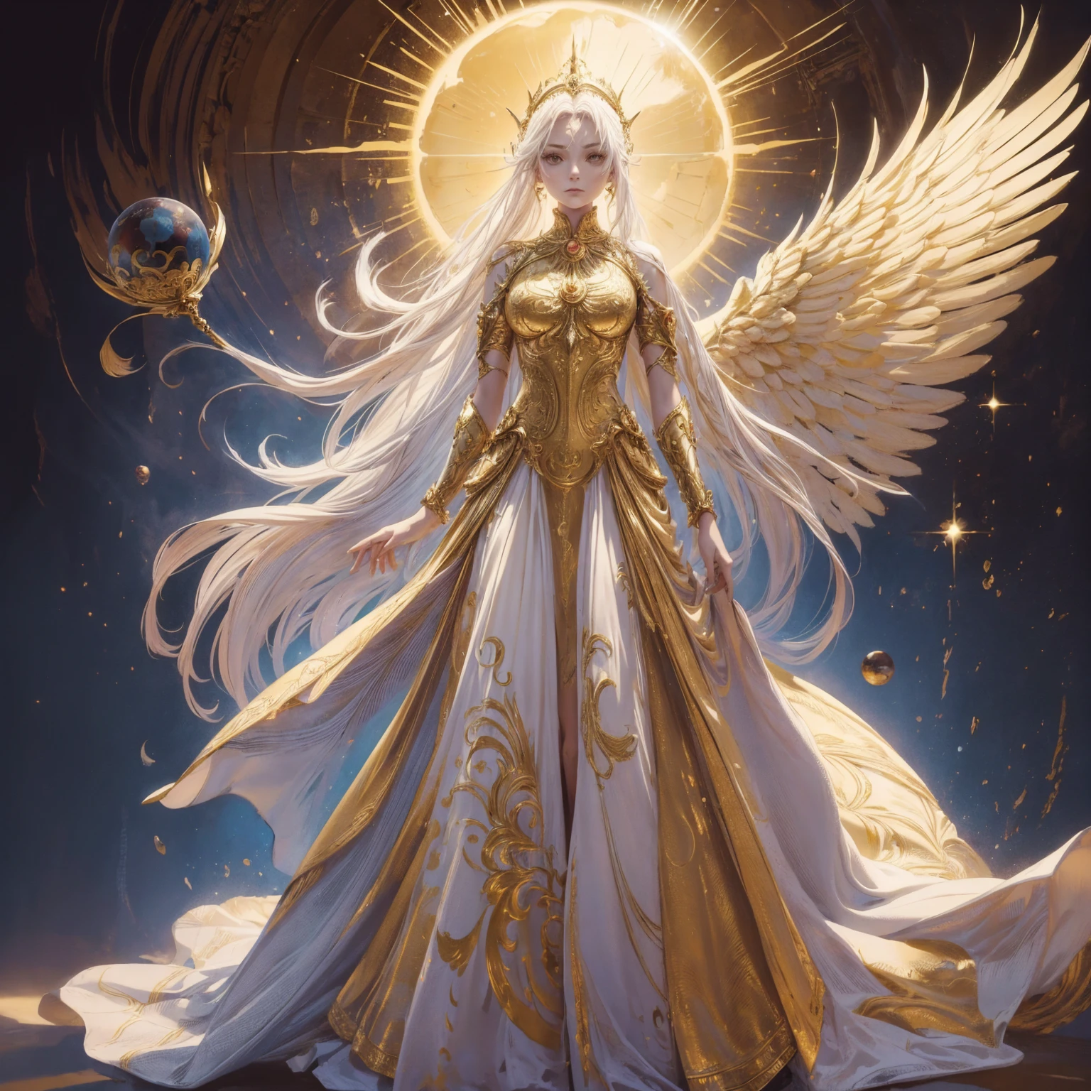 Art of Woman Wearing Sun Crown, Wearing a gorgeous golden breastplate that exposes a small amount of skin above the chest, Wearing a gorgeous golden dress, A pair of giant angel wings taller than the body spread out behind the woman., ancient goddess art, Sacredness. Very detailed, Mysterious inspiration, Inspiration from the Sun God, Religious inspiration, A divine background, Cold and snobbish face, Dangerous expressions, White hair, Standing pose floating in the air, In his hand he held a sphere of light as bright as the sun., Full body portrait, Gothic art style, Weird art style, Occult art