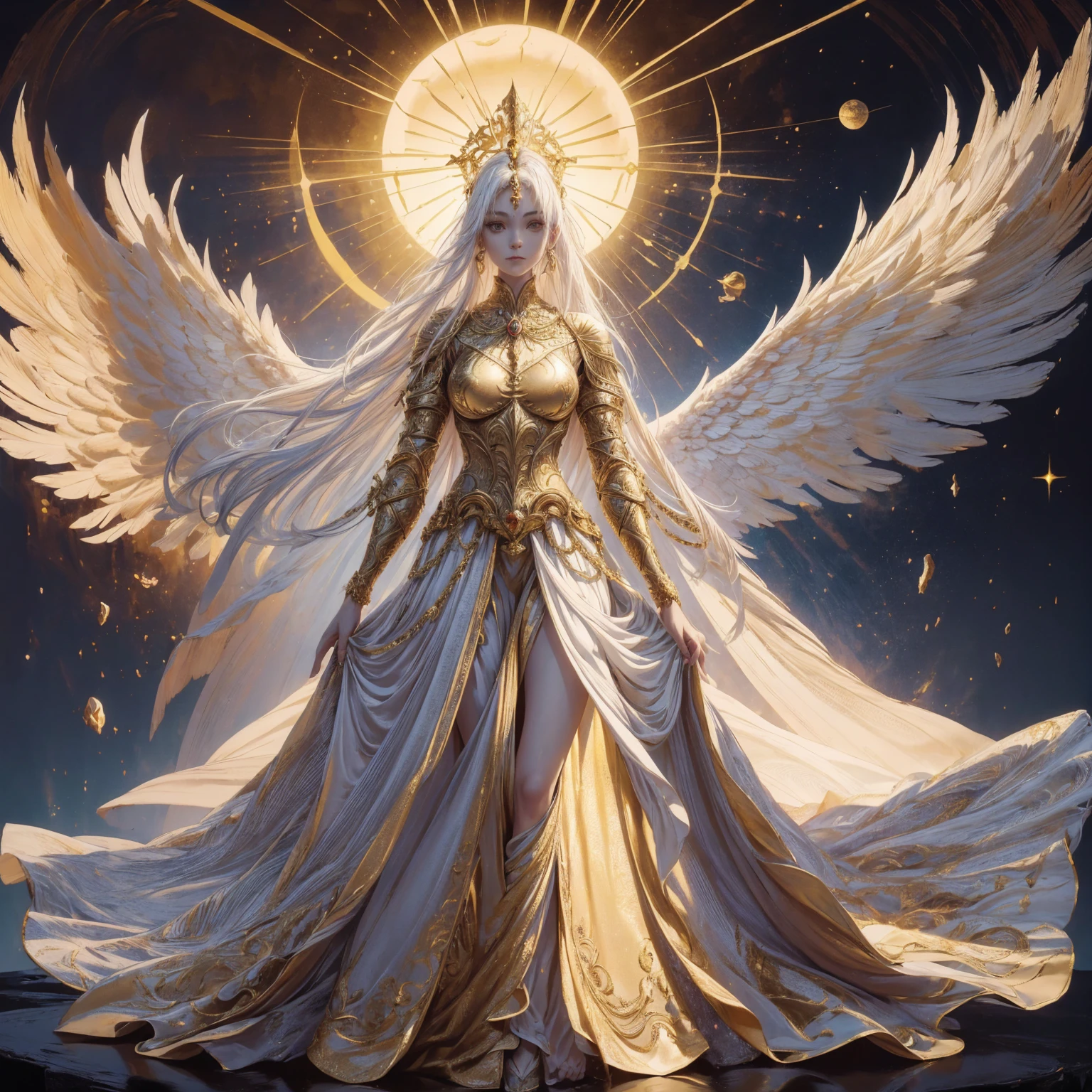 Art of Woman Wearing Sun Crown, Wearing a gorgeous golden breastplate that exposes a small amount of skin above the chest, Wearing a gorgeous golden dress, A pair of giant angel wings taller than the body spread out behind the woman., ancient goddess art, Sacredness. Very detailed, Mysterious inspiration, Inspiration from the Sun God, Religious inspiration, A divine background, Cold and snobbish face, Dangerous expressions, White hair, Standing pose floating in the air, In his hand he held a sphere of light as bright as the sun., Full body portrait, Gothic art style, Weird art style, Occult art