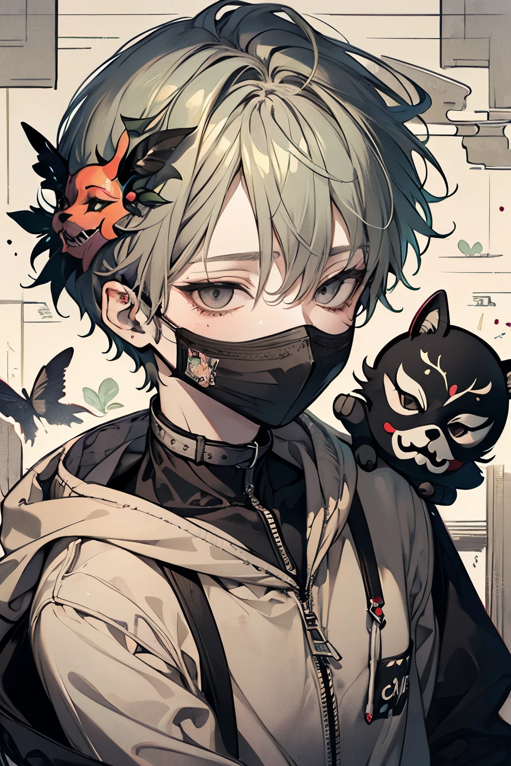 Beautiful young man, Lightgreen-haired, ((Gray eyes)),(short wave hair:1.2), (Black mask:1.2), beige hoodie,clear wear,High quality, amount of drawing, pixiv illustration,(animal sticker:1.2),((ecstasy,SEX:1.1)),((NSFW:1.2)).