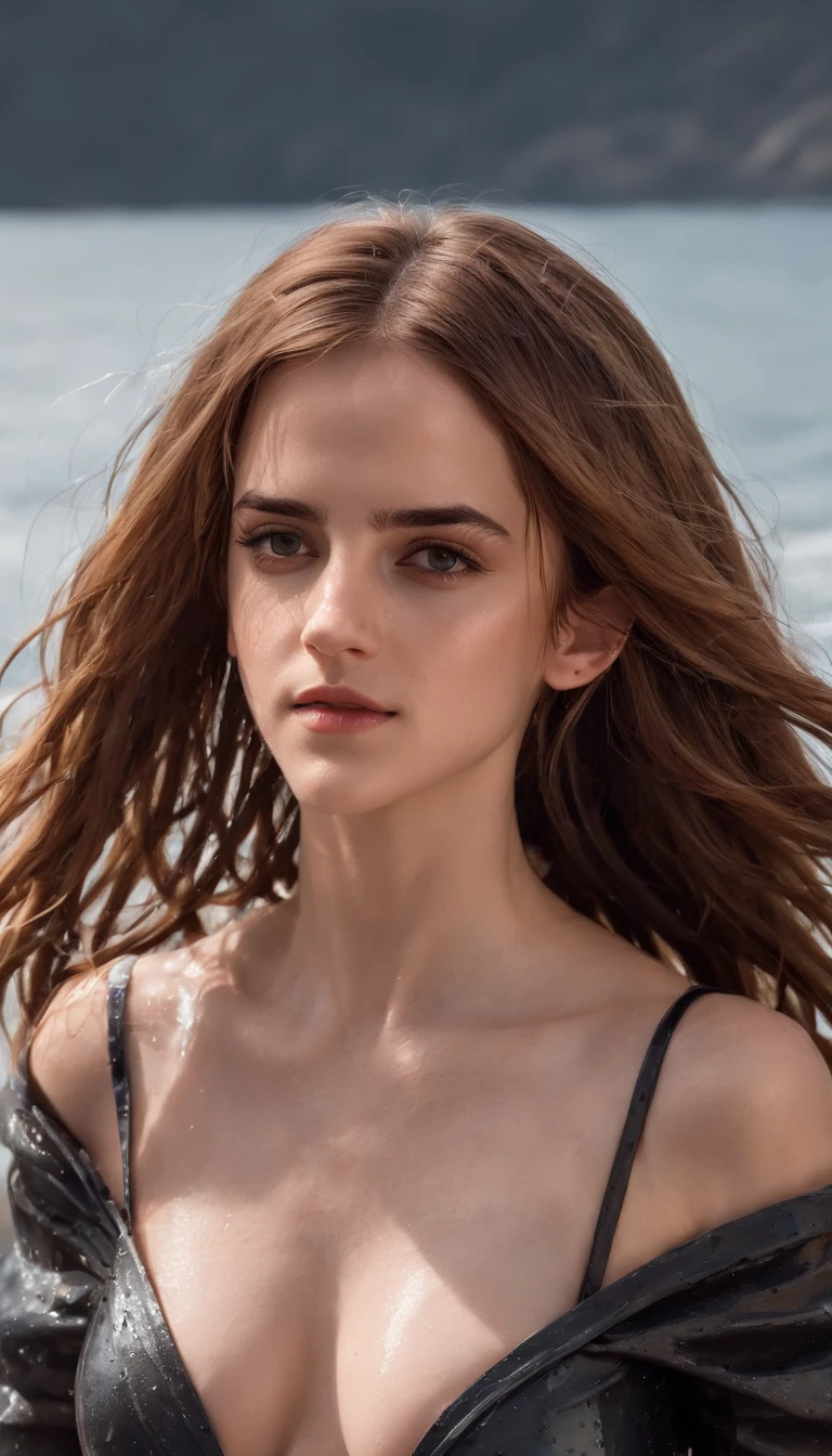 Emma Watson, (wet skin:1.5), no bra, pokies, (Sexy Slit Dress) fluffy, low cut neckline, seductive, cowboy shot, 8k, (very thin waist:1.3), bare breasts, big breasts, (high breast :1.5) (Long Hair:2.0), ((giant sailboat background)) (storm, waves) Fantasy, soft skin, long hair blowing in the wind