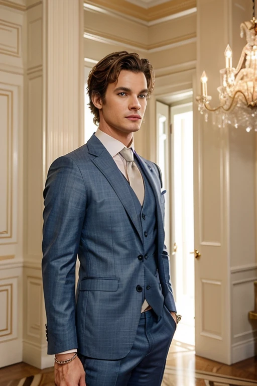 Create an image of Alexander Darcy at a fancy event. He is a tall, handsome man with a lean, muscular build, standing at 6'2". He has deep-set, piercing blue eyes, Blonde hair styled neatly, and a chiseled face with high cheekbones and a strong jawline. Alexander is wearing a perfectly tailored navy suit with a crisp white dress shirt and a silk tie. He has a minimalist luxury watch on his wrist and subtle but elegant cufflinks. The event setting is upscale and sophisticated, with chandeliers, elegant decor, and other well-dressed attendees.