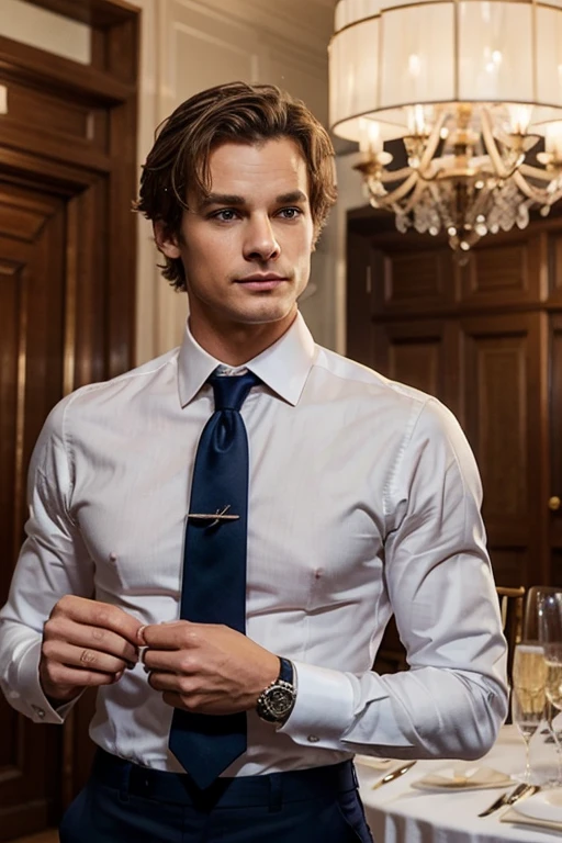 Create an image of Alexander Darcy at a fancy event. He is a tall, handsome man with a lean, muscular build, standing at 6'2". He has deep-set, piercing blue eyes, Blonde hair styled neatly, and a chiseled face with high cheekbones and a strong jawline. Alexander is wearing a perfectly tailored navy suit with a crisp white dress shirt and a silk tie. He has a minimalist luxury watch on his wrist and subtle but elegant cufflinks. The event setting is upscale and sophisticated, with chandeliers, elegant decor, and other well-dressed attendees.