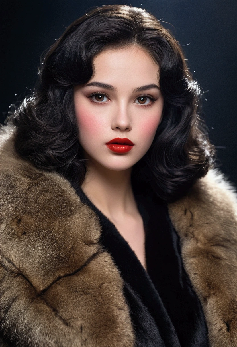 It was a bust of a girl who was alone,her dark hair flowing and her face lifelike. She gazed into the audience,wearing a fur coat,with delicate red lips,her face added to her loveliness with delicate make-up and a small mole. Her dark eyes were sparkling,and her lips were smeared with lipstick. The background is simple and clear,highlighting her charm and natural beauty.,