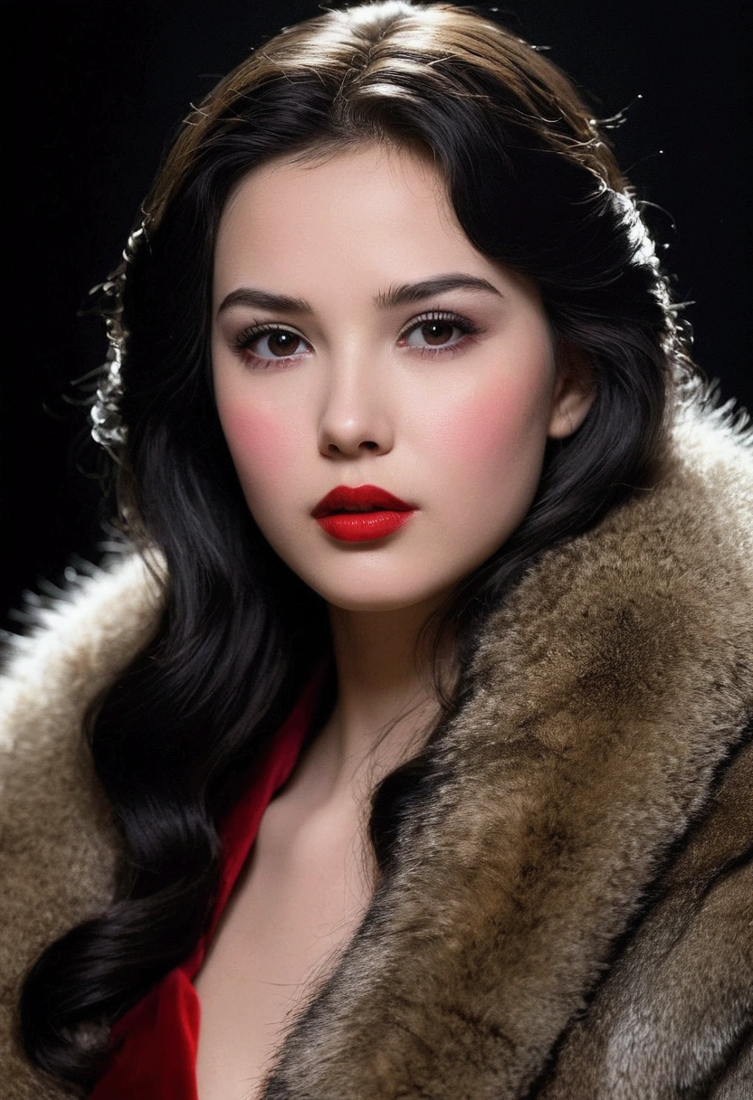 It was a bust of a girl who was alone,her dark hair flowing and her face lifelike. She gazed into the audience,wearing a fur coat,with delicate red lips,her face added to her loveliness with delicate make-up and a small mole. Her dark eyes were sparkling,and her lips were smeared with lipstick. The background is simple and clear,highlighting her charm and natural beauty.,