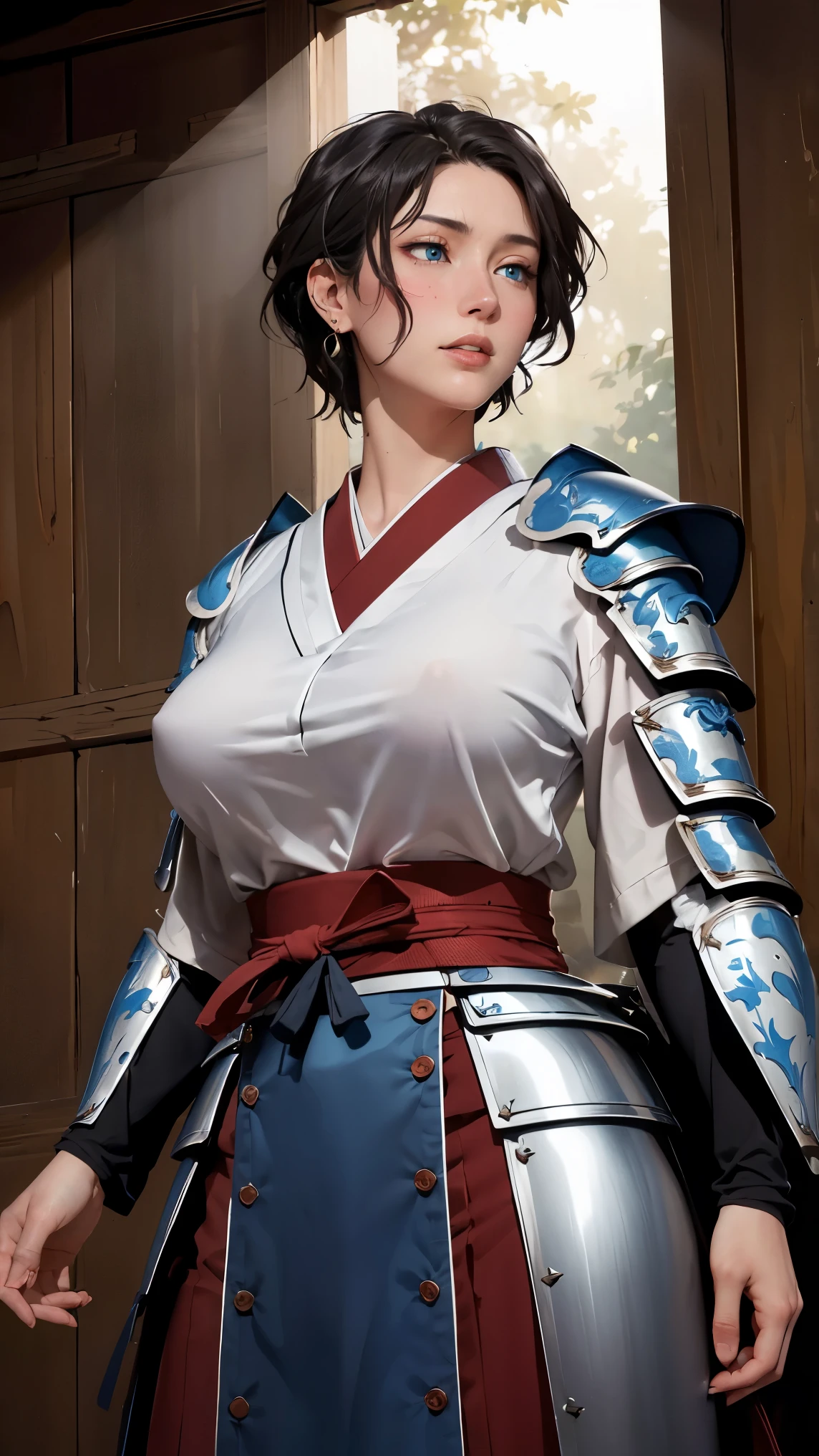 ((((masterpiece, best quality, high resolution)))), Extremely detailed 8K, Beautiful girl with voluptuous body, (Ultra HD, Ultra-detailed, Highly detailed, Highly realistic, Ultra-realistic, photograph realistic), (1girl:1.5), (Realistic black hair), (short wavy hair, earrings), (dynamic poses), facing at camera, looking at viewer, (blushing red, embarrassed), (blue eyes, sharp eyes), (perky breasts:1.2), (beautiful detailed face, beautiful detailed eyes), ((samurai metal armor, breasts plate)), (standing up), sweat, glow, (sunbeam, sunlight), ((cowboy shot)), inside dungeon, seductive