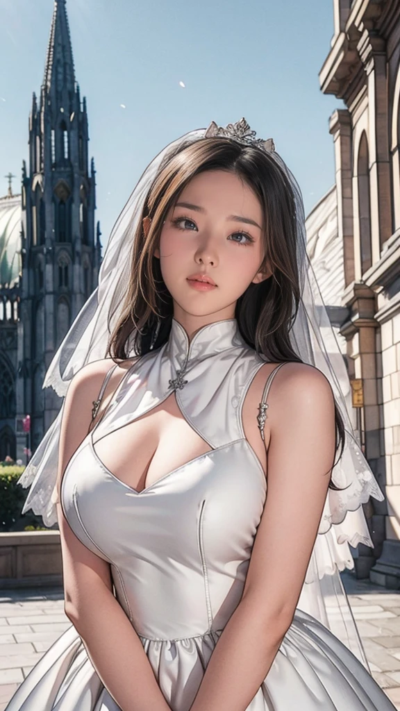 (Moonshot), best quality, masterpiece, 1 girl, laughter, Cute agers, Glossy lips, Sweet, Blinding sunlight, Conservative clothing, High neck wedding dress, Bridal headdress, Depth of writing boundaries, Blurred background, With the cathedral as a backdrop, Light Particles, gale, Head tilt, Long hair, , (((15-yort Bob, Large Breasts)))