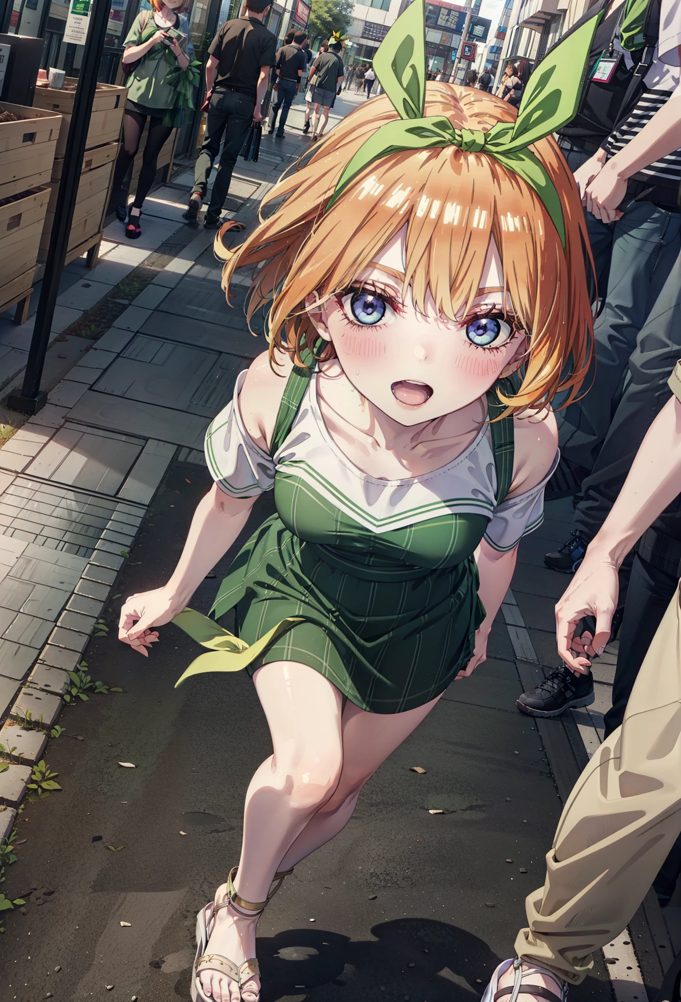Yotsubanakano, Fourth floor Nakano, bangs, short hair, blue eyes, Hair between the eyes, hair ribbon, hair band, Orange Hair, (Green ribbon:1.5), smile, Open your mouth,blush,Cold Shoulder Shirt,Short sleeve,mini skirt,Heeled Sandals,Walking,True Summer,Clear skies,Daytime,Palm tree,whole bodyがイラストに入るように,
break outdoors, tropical,Tropical,Shopping Street,Shopping mall,
break looking at viewer,whole body,
break (masterpiece:1.2), Highest quality, High resolution, unity 8k wallpaper, (figure:0.8), (Beautiful attention to detail:1.6), Highly detailed face, Perfect lighting, Highly detailed CG, (Perfect hands, Perfect Anatomy),