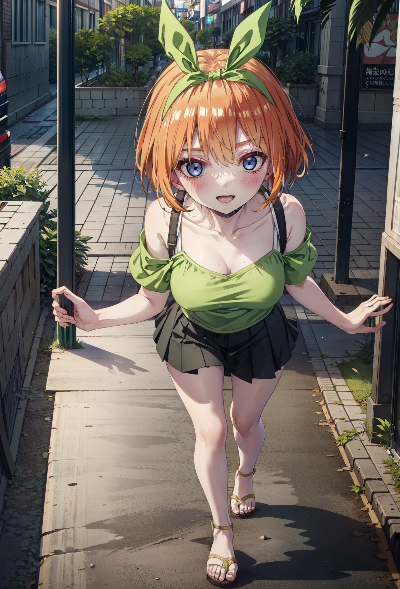 Yotsubanakano, Fourth floor Nakano, bangs, short hair, blue eyes, Hair between the eyes, hair ribbon, hair band, Orange Hair, (Green ribbon:1.5), smile, Open your mouth,blush,Cold Shoulder Shirt,Short sleeve,mini skirt,Heeled Sandals,Walking,True Summer,Clear skies,Daytime,Palm tree,whole bodyがイラストに入るように,
break outdoors, tropical,Tropical,Shopping Street,Shopping mall,
break looking at viewer,whole body,
break (masterpiece:1.2), Highest quality, High resolution, unity 8k wallpaper, (figure:0.8), (Beautiful attention to detail:1.6), Highly detailed face, Perfect lighting, Highly detailed CG, (Perfect hands, Perfect Anatomy),