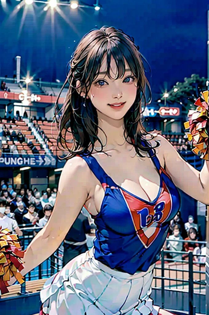 (8k、RAW Photos、Highest quality、masterpiece:1.2)、(Realistic、Photorealistic:1.37)、Ultra-detailed、Ultra-high resolution、1 girl、Seeing the viewer、Beautifully detailed face、Laughter、narrow、(Narrow waist) :1.3)、shirt、Beautifully detailed skin、Skin Texture、Floating Hair、Professional Lighting、Upper body、Human whole body、Long Hair、Cheerleaderのユニフォーム、baseball Ground Cheerleader Audience seats