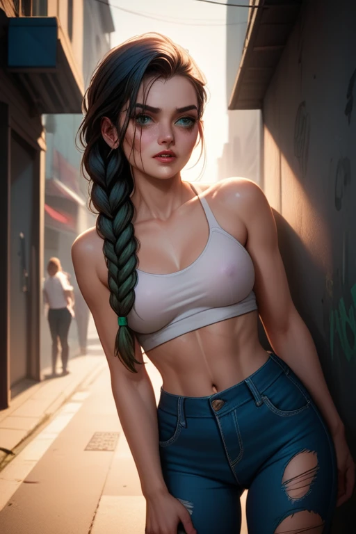 Hungarian woman with an athletic and toned physique; striking features with high cheekbones; green eyes; long, dark hair often styled in intricate braids; 'light olive' skin; best quality; trending on artstation; complex volumetric lighting; strong shadows; artistic lighting; dynamic; energetic vibe; realistic skin; specular highlights; micro-textures; highly detailed hair; crumbling concrete walls; dystopian aesthetic; injured and bleeding; slouching down behind garbage in an alleyway at night; in pain; bloodied face; bloody clothes