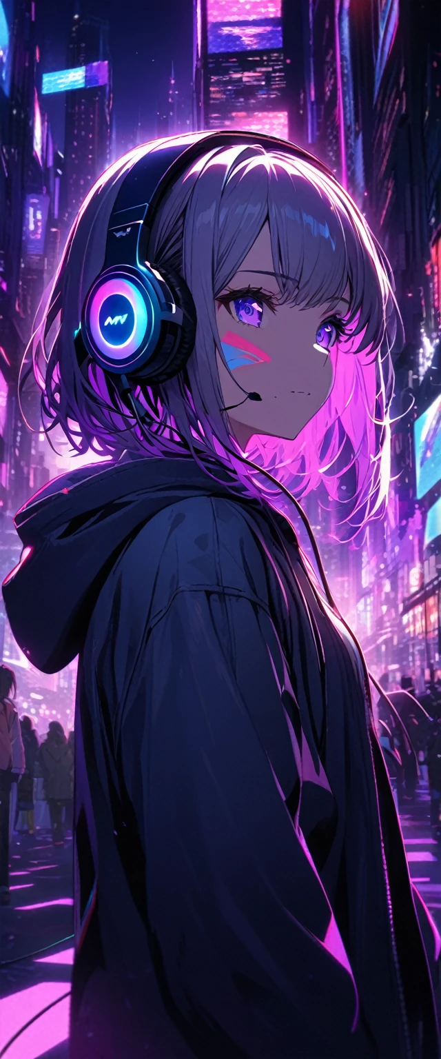Super detailed,1 girl, alone, hoodie, Facial Contour, headphone, RGB lighting headphones, headphones with Purple lighting, headphone with cable, Purple lighting, city, night city